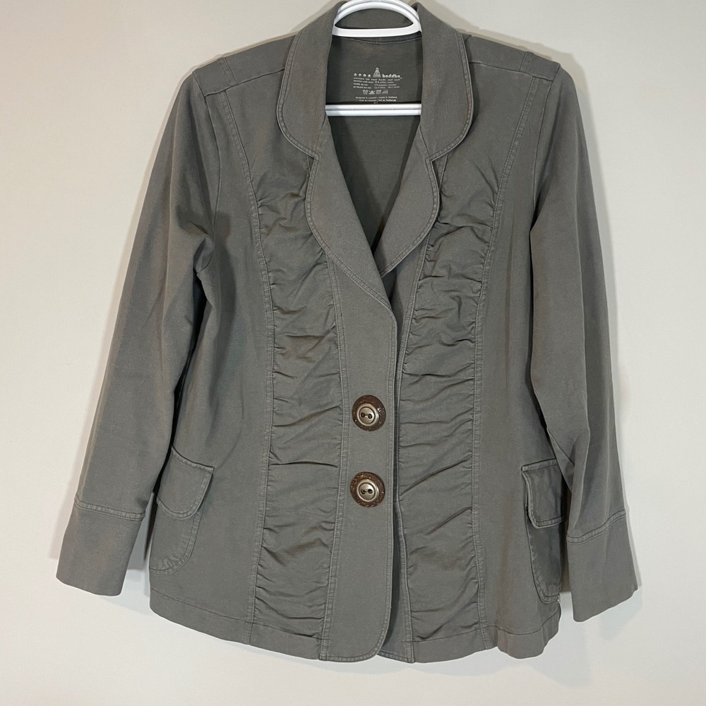 Neon Buddha Women XL Green Gray Ruched Stretch Cotton Button Front Blazer Jacket